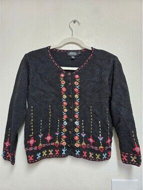 Icelandic Design Cardigan Sweater Womens Medium Black Embroidered Button Vintage